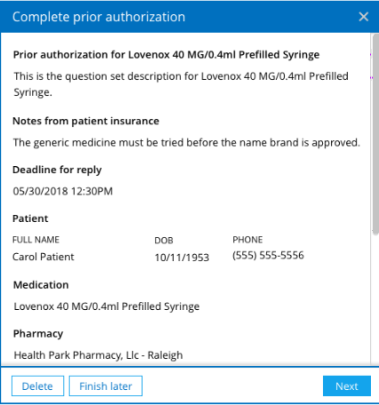 Sample Information Page on Prior Authorization Question Set