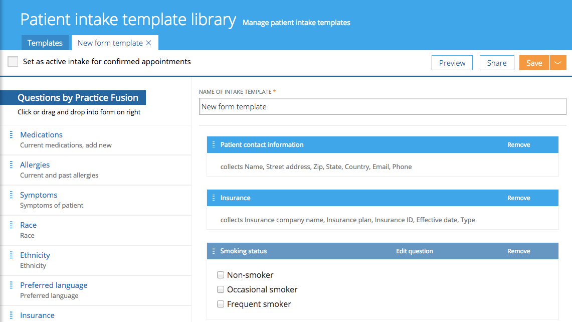 Practice Fusion EHR - Patient intake templates